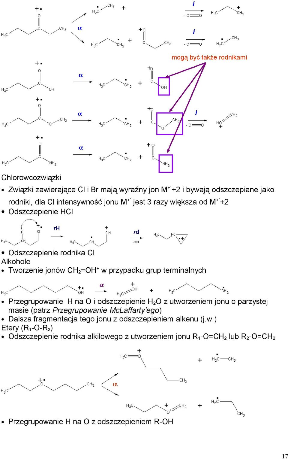 Przegrupowanie H na O i odszczepienie H 2 O z utworzeniem jonu o parzystej masie (patrz Przegrupowanie McLaffarty ego) Dalsza fragmentacja tego