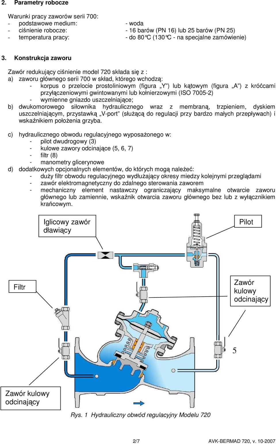 Konstrukcja zaworu Zawór redukujący ciśnienie model 720 składa się z : a) zaworu głównego serii 700 w skład, którego wchodzą: - korpus o przelocie prostoliniowym (figura Y ) lub kątowym (figura A ) z