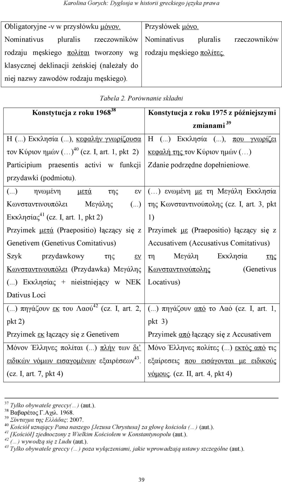 Nominativus pluralis rzeczowników rodzaju męskiego πολίτες. Tabela 2. Porównanie składni Konstytucja z roku 1968 38 Η (...) Εκκλησία (...), κεφαλήν γνωρίζουσα τον Kύριον ηµών ( ) 40 (cz. I, art.