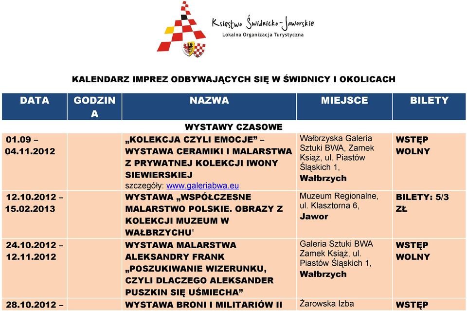 2012 KLENDRZ IMPREZ ODBYWJĄCYCH SIĘ W ŚWIDNICY I OKOLICCH WYSTWY CZSOWE KOLEKCJ CZYLI EMOCJE WYSTW CERMIKI I MLRSTW Z PRYWTNEJ KOLEKCJI IWONY SIEWIERSKIEJ