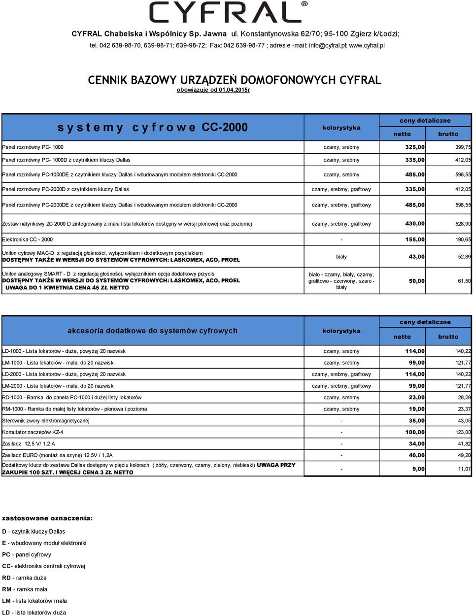 2015r s y s t e m y c y f r o w e CC-2000 Panel rozmówny PC- 1000 Panel rozmówny PC- 1000D z czytnikiem kluczy Dallas Panel rozmówny PC-1000DE z czytnikiem kluczy Dallas i wbudowanym modułem