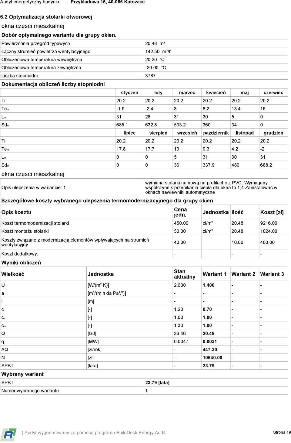 00 C Liczba stopniodni 3787 Dokumentacja obliczeń liczby stopniodni styczeń luty marzec kwiecień maj czerwiec Ti 20.2 20.2 20.2 20.2 20.2 20.2 Tem -1.9-2.4 3 8.2 13.4 16 Lm 31 28 31 30 5 0 Sdm 685.
