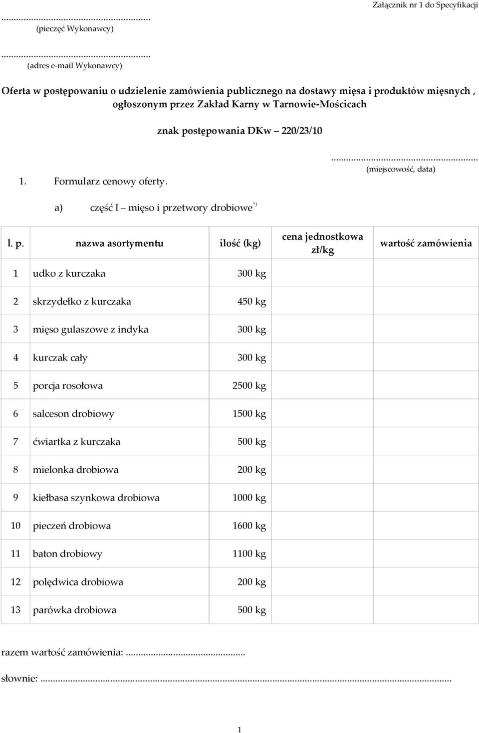 220/23/10 1. Formularz cenowy oferty.... (miejscowość, data) a) część I mięso i pr