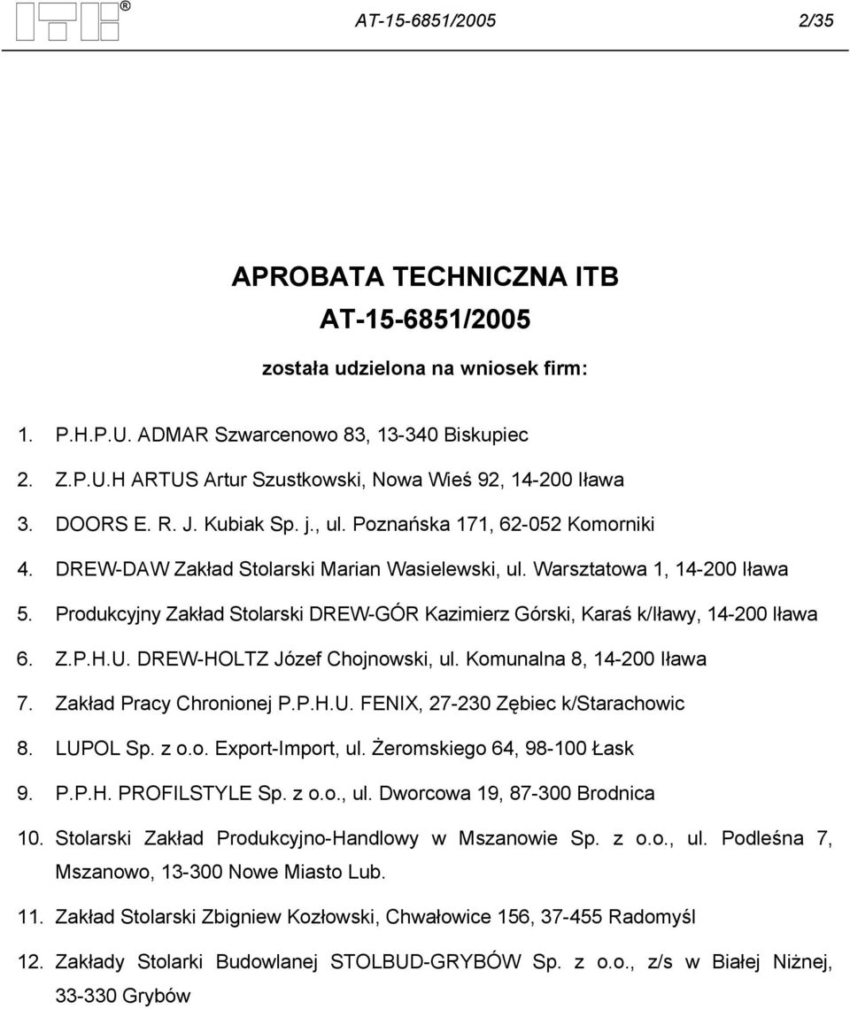 Produkcyjny Zakład Stolarski DREW-GÓR Kazimierz Górski, Karaś k/iławy, 14-200 Iława 6. Z.P.H.U. DREW-HOLTZ Józef Chojnowski, ul. Komunalna 8, 14-200 Iława 7. Zakład Pracy Chronionej P.P.H.U. FENIX, 27-230 Zębiec k/starachowic 8.