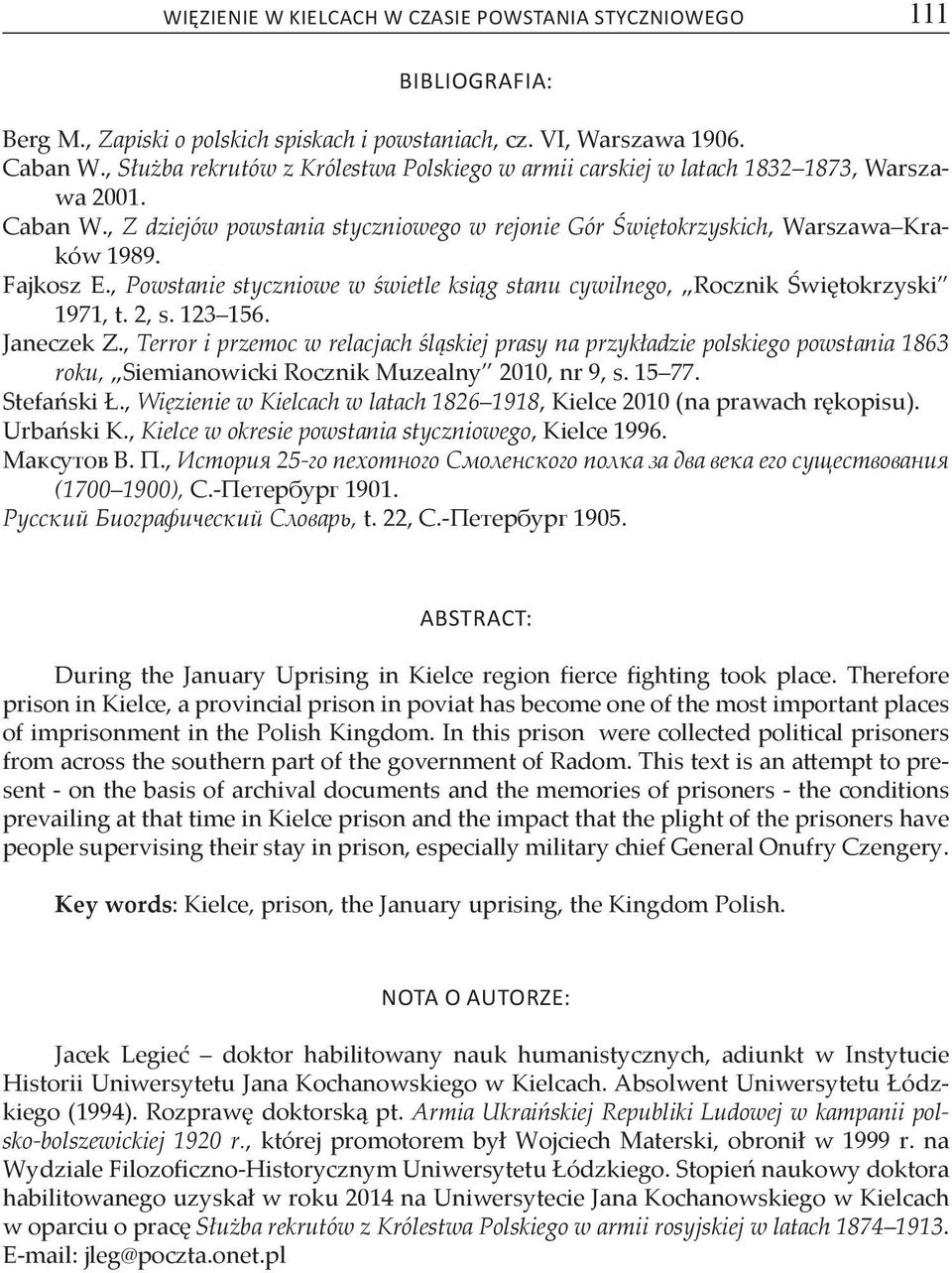 , Powstanie styczniowe w świetle ksiąg stanu cywilnego, Rocznik Świętokrzyski 1971, t. 2, s. 123 156. Janeczek Z.