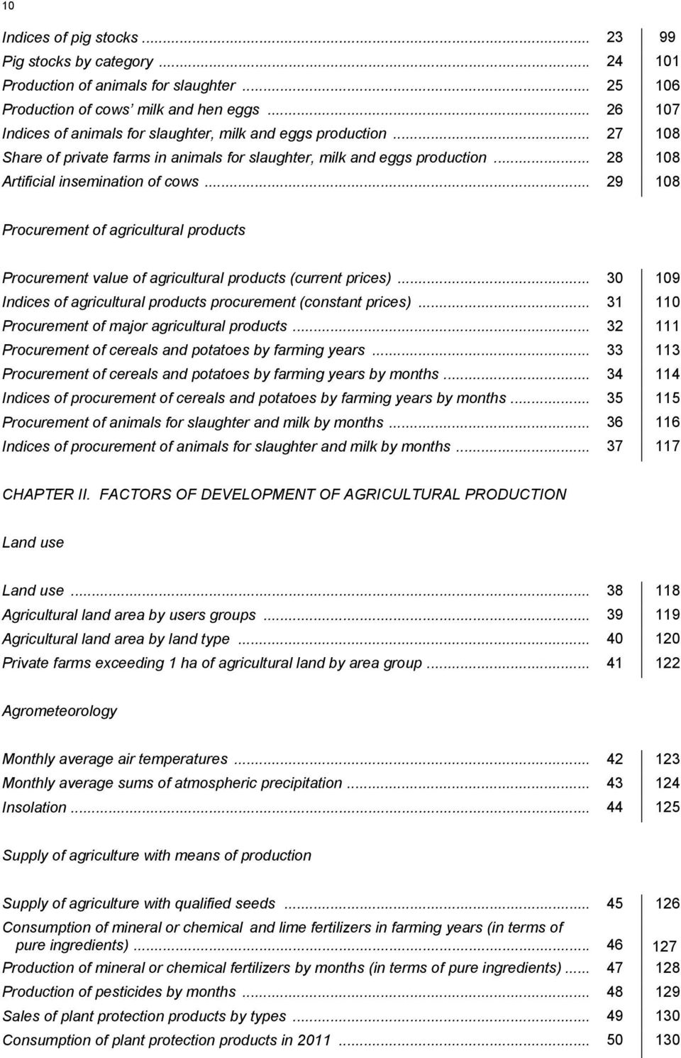 .. 29 108 Procurement of agricultural products Procurement value of agricultural products (current prices)... 30 109 Indices of agricultural products procurement (constant prices).