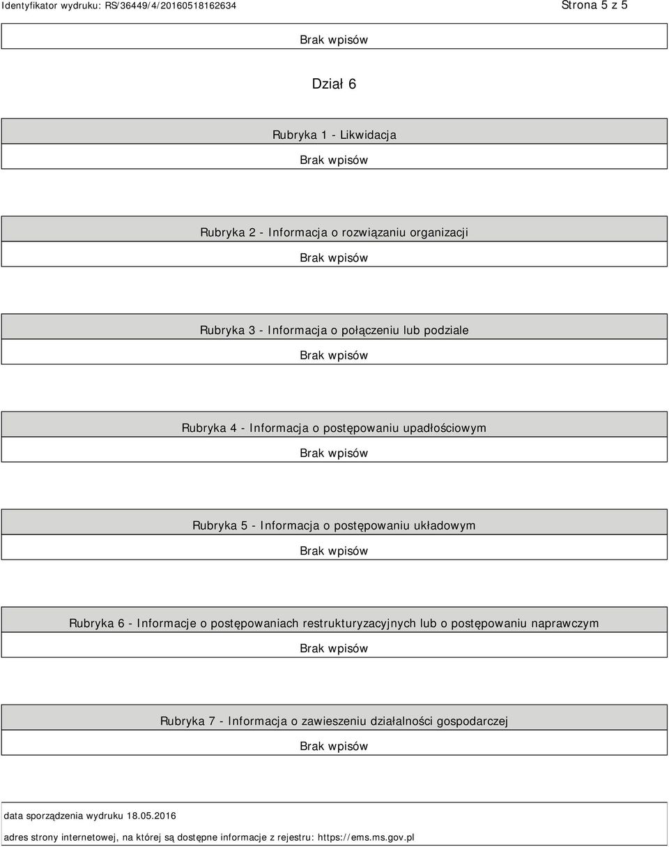 Informacje o postępowaniach restrukturyzacyjnych lub o postępowaniu naprawczym Rubryka 7 - Informacja o zawieszeniu działalności