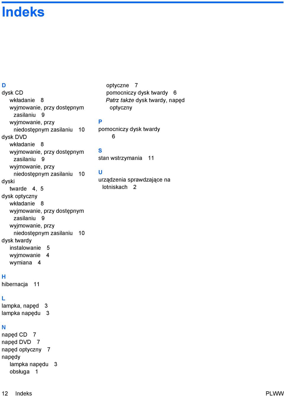 twardy instalowanie 5 wyjmowanie 4 wymiana 4 optyczne 7 pomocniczy dysk twardy 6 Patrz także dysk twardy, napęd optyczny P pomocniczy dysk twardy 6 S stan wstrzymania 11 U