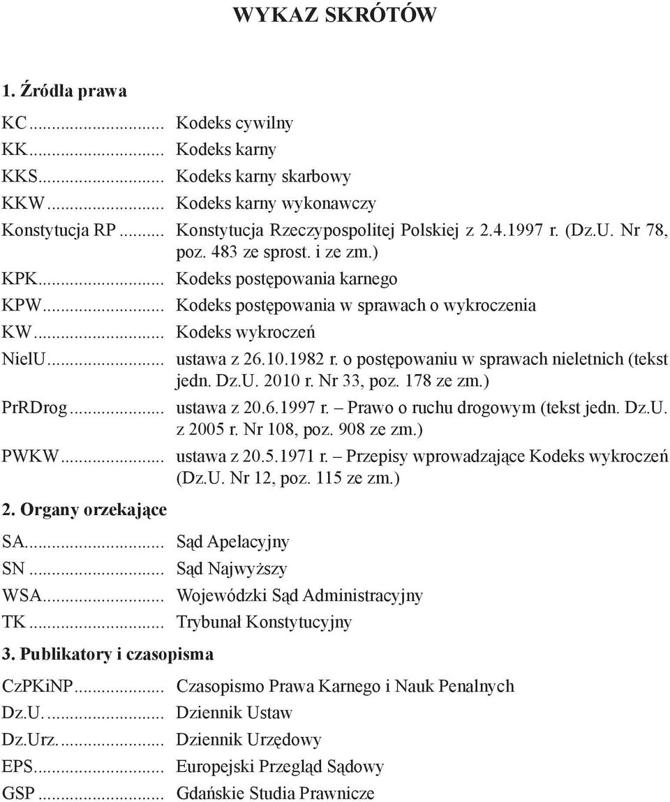 o postępowaniu w sprawach nieletnich (tekst jedn. Dz.U. 2010 r. Nr 33, poz. 178 ze zm.) PrRDrog... ustawa z 20.6.1997 r. Prawo o ruchu drogowym (tekst jedn. Dz.U. z 2005 r. Nr 108, poz. 908 ze zm.