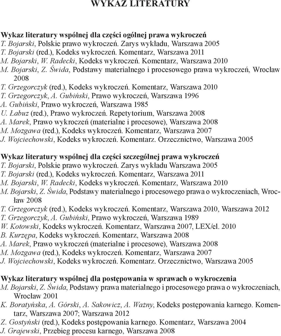 Grzegorczyk (red.), Kodeks wykroczeń. Komentarz, Warszawa 2010 T. Grzegorczyk, A. Gubiński, Prawo wykroczeń, Warszawa 1996 A. Gubiński, Prawo wykroczeń, Warszawa 1985 U. Łabuz (red.), Prawo wykroczeń.