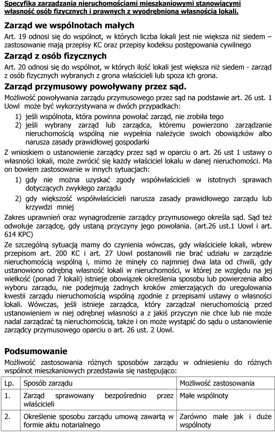 20 odnosi się do wspólnot, w których ilość lokali jest większa niż siedem - zarząd z osób fizycznych wybranych z grona właścicieli lub spoza ich grona. Zarząd przymusowy powoływany przez sąd.