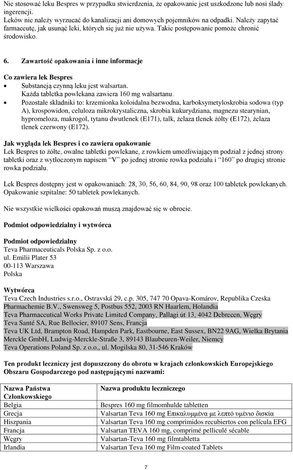 Zawartość opakowania i inne informacje Co zawiera lek Bespres Substancją czynną leku jest walsartan. Każda tabletka powlekana zawiera 160 mg walsartanu.