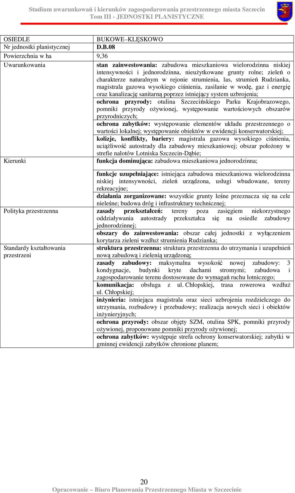 strumienia, las, strumień Rudzianka, magistrala gazowa wysokiego ciśnienia, zasilanie w wodę, gaz i energię oraz kanalizację sanitarną poprzez istniejący system uzbrojenia; ochrona przyrody: otulina