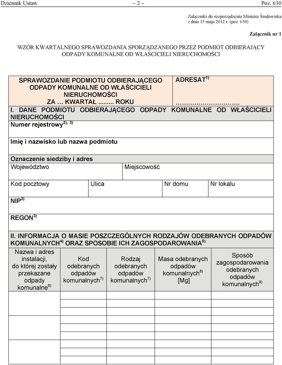 SPRAWOZDANIE PODMIOTU ODBIERAJĄCEGO ADRESAT 1) ODPADY KOMUNALNE OD WŁAŚCICIELI NIERUCHOMOŚCI ZA KWARTAŁ... ROKU. I.