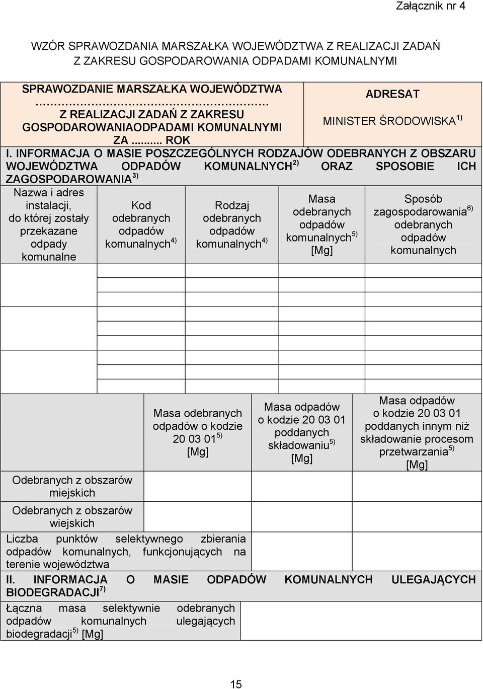 INFORMACJA O MASIE POSZCZEGÓLNYCH RODZAJÓW ODEBRANYCH Z OBSZARU WOJEWÓDZTWA ODPADÓW KOMUNALNYCH 2) ORAZ SPOSOBIE ICH ZAGOSPODAROWANIA 3) Nazwa i adres instalacji, do której zostały przekazane odpady