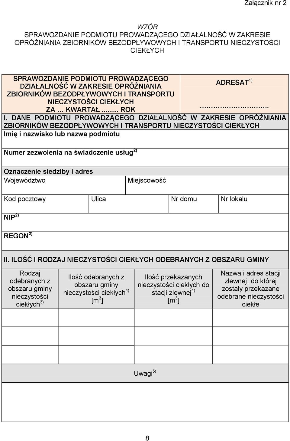 DANE PODMIOTU PROWADZĄCEGO DZIAŁALNOŚĆ W ZAKRESIE OPRÓŻNIANIA ZBIORNIKÓW BEZODPŁYWOWYCH I TRANSPORTU NIECZYSTOŚCI CIEKŁYCH Imię i nazwisko lub nazwa podmiotu Numer zezwolenia na świadczenie usług 2)