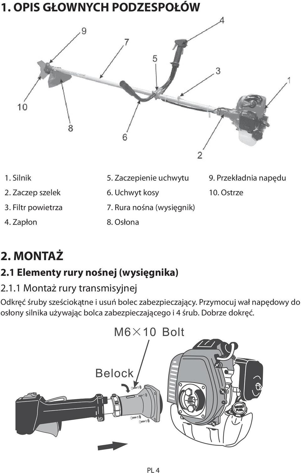 1 Elementy rury nośnej (wysięgnika) 2.1.1 Montaż rury transmisyjnej Odkręć śruby sześciokątne i usuń bolec zabezpieczający.