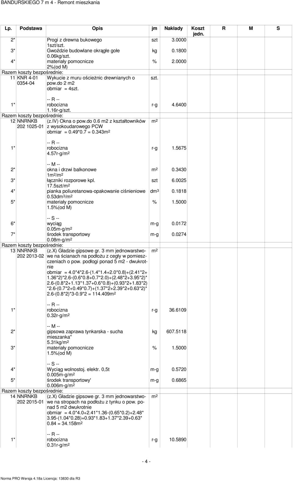 1818 2* okna i drzwi balkonowe 1 / 3* łączniki rozporowe kpl. 17.5szt/ 4* pianka poliuretanowa-opakowanie ciśnieniowe 0.53dm 3 / 5* materiały pomocnicze m-g 0.0172 m-g 0.0274 6* wyciąg 0.