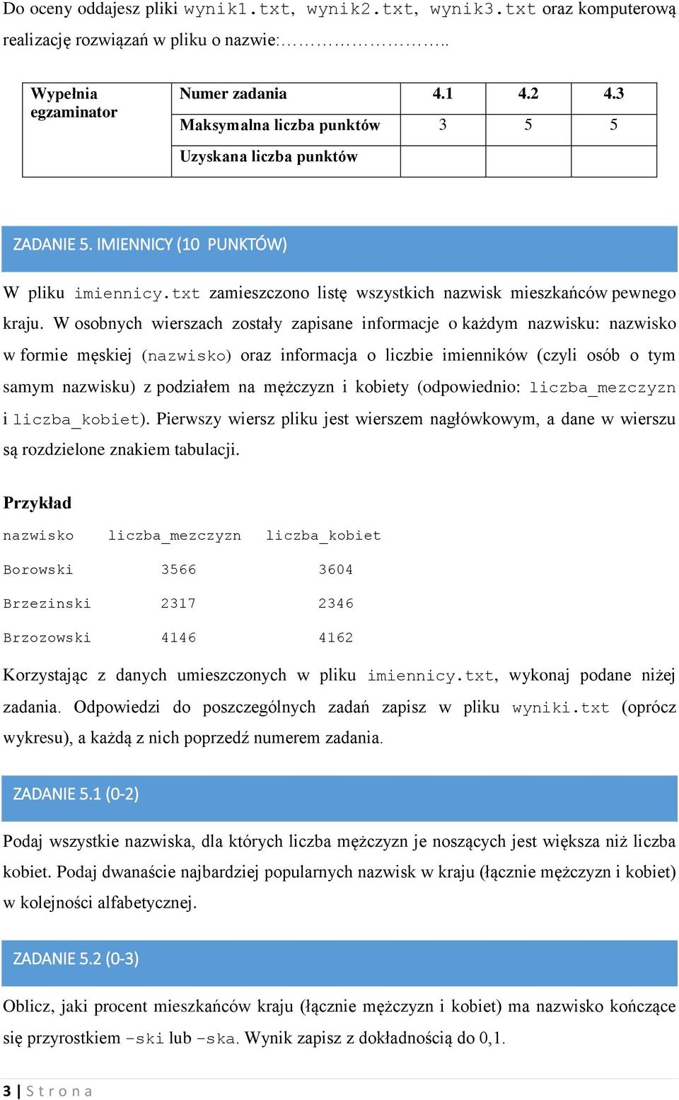 W osobnych wierszach zostały zapisane informacje o każdym nazwisku: nazwisko w formie męskiej (nazwisko) oraz informacja o liczbie imienników (czyli osób o tym samym nazwisku) z podziałem na mężczyzn