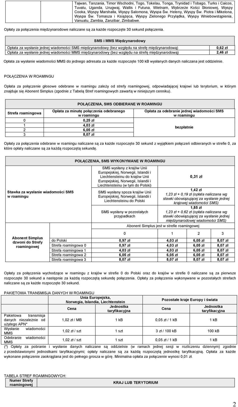 Opłaty za połączenia międzynarodowe naliczane są za każde rozpoczęte 30 sekund połączenia.