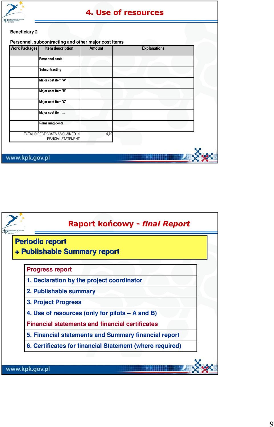 Periodic report + Publishable Summary report Progress report 1. Declaration by the project coordinator 2. Publishable summary 3. Project Progress 4.