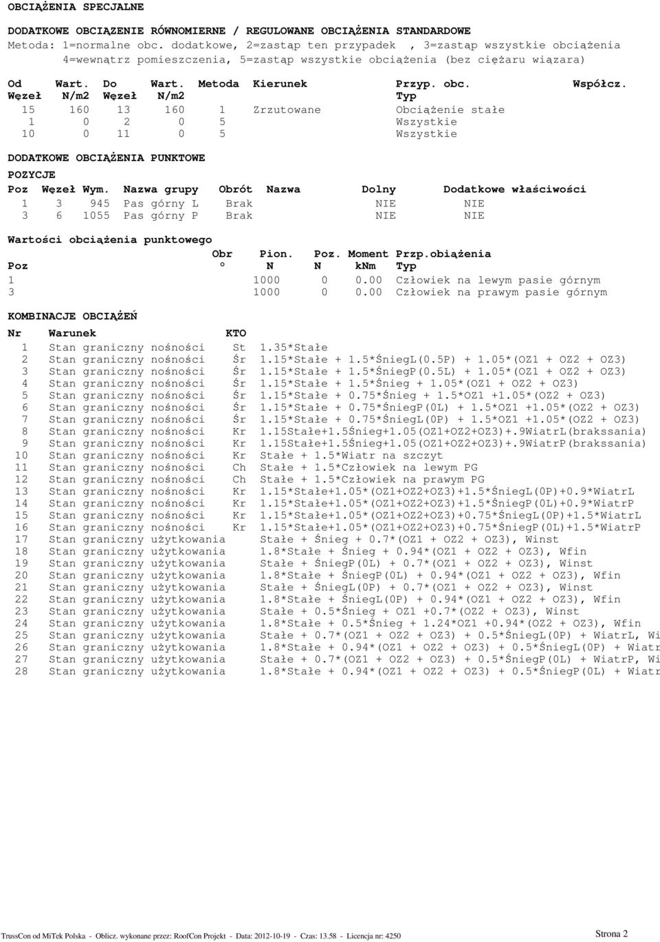 Węzeł N/m2 Węzeł N/m2 Typ 15 160 13 160 1 Zrzutowane Obciążenie stałe 1 0 2 0 5 Wszystkie 10 0 11 0 5 Wszystkie DODATKOWE OBCIĄŻENIA PUNKTOWE POZYCJE Poz Węzeł Wym.