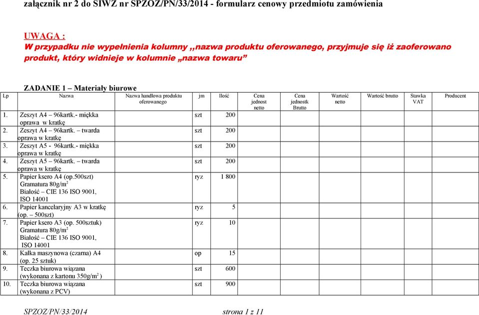 Zeszyt A5-96kartk.- miękka oprawa w kratkę 4. Zeszyt A5 96kartk. twarda oprawa w kratkę 5. Papier ksero A4 (op.500szt) Gramatura 80g/m 2 Białość CIE 136 ISO 9001, ISO 14001 6.