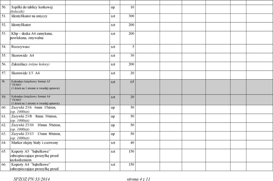 Kalendarz książkowy format A4 TEWO 0 (1 dzień na 1 stronie w twardej oprawie) 60. Zszywki 23/6 6mm 15stron, op 50 (op. 1000szt) 61. Zszywki 23/8 8mm 30stron, op 50 (op. 1000szt) 62.