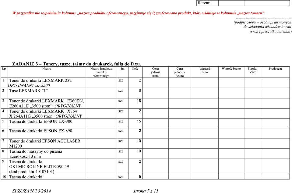 Lp Nazwa Nazwa handlowa produktu oferowanego jm Ilość Cena jednost 1 Toner do drukarki LEXMARK 232 str.