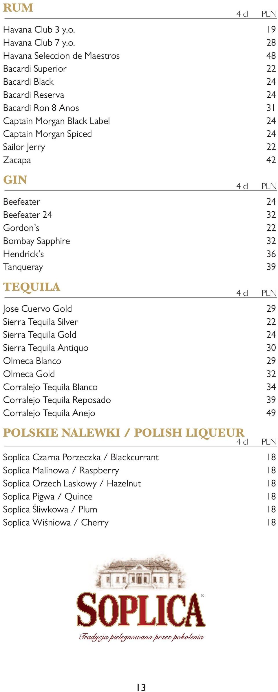 28 Havana Seleccion de Maestros 48 Bacardi Superior 22 Bacardi Black 24 Bacardi Reserva 24 Bacardi Ron 8 Anos 31 Captain Morgan Black Label 24 Captain Morgan Spiced 24 Sailor Jerry 22 Zacapa 42