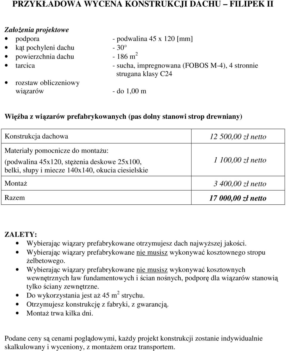 (podwalina 45x120, stężenia deskowe 25x100, belki, słupy i miecze 140x140, okucia ciesielskie Montaż Razem 12 500,00 zł netto 1 100,00 zł netto 3 400,00 zł netto 17 000,00 zł netto ZALETY: Wybierając