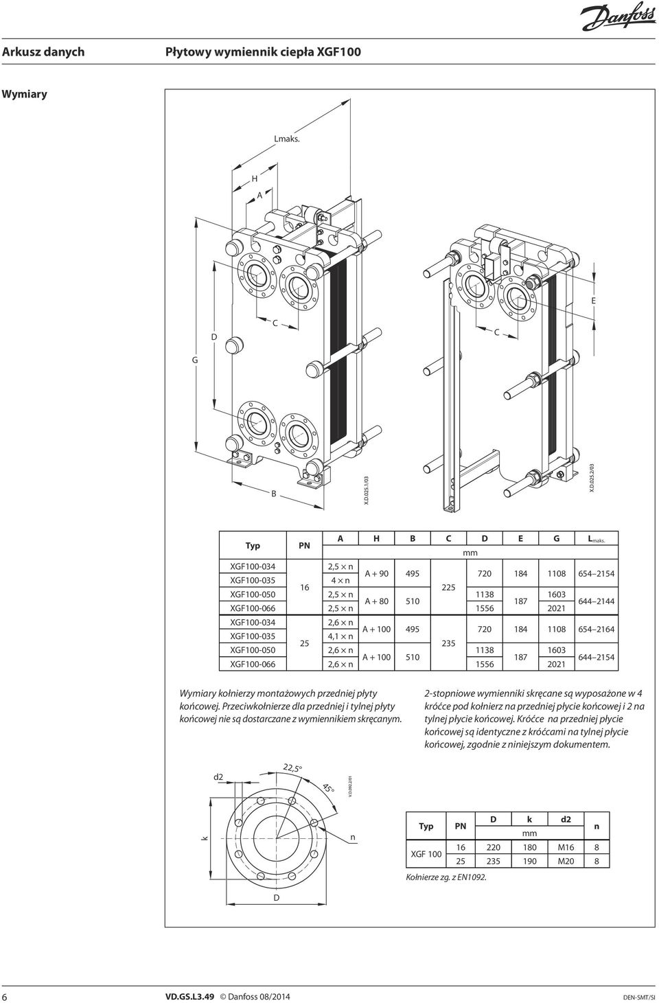 2164 XGF100-035 4,1 n 25 235 XGF100-050 2,6 n 1138 1603 A + 100 510 187 644 2154 XGF100-066 2,6 n 1556 2021 Wymiary kołnierzy montażowych przedniej płyty końcowej.