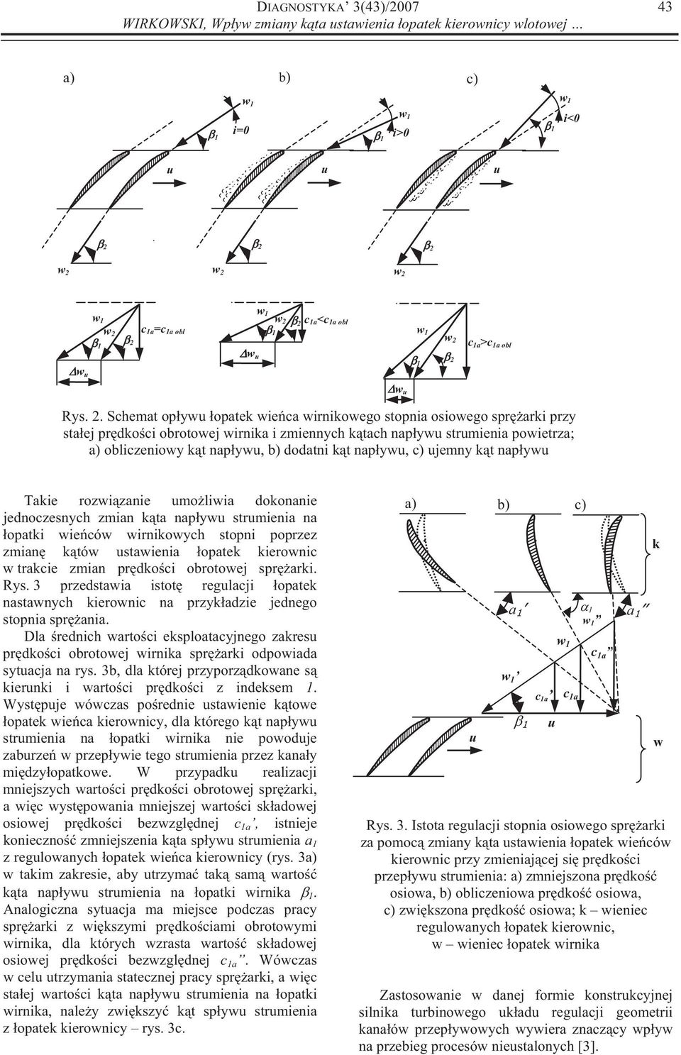 powietrza; a) obliczeniowy kt napyw, b) dodatni kt napyw, c) jemny kt napyw w Takie rozwizanie moliwia dokonanie jednoczesnych zmian kta napyw strmienia na opatki wieców wirnikowych stopni poprzez
