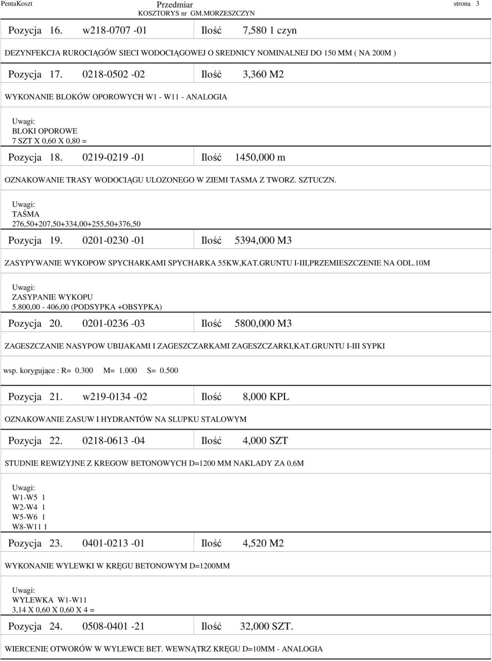 0219-0219 -01 Ilość 1450,000 m OZNAKOWANIE TRASY WODOCIĄGU ULOZONEGO W ZIEMI TASMA Z TWORZ. SZTUCZN. TAŚMA 276,50+207,50+334,00+255,50+376,50 Pozycja 19.