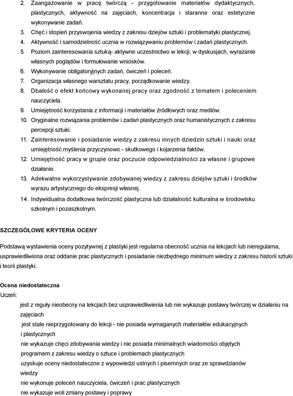 Poziom zainteresowania sztuką- aktywne uczestnictwo w lekcji, w dyskusjach, wyrażanie własnych poglądów i formułowanie wniosków. 6. Wykonywanie obligatoryjnych zadań, ćwiczeń i poleceń. 7.