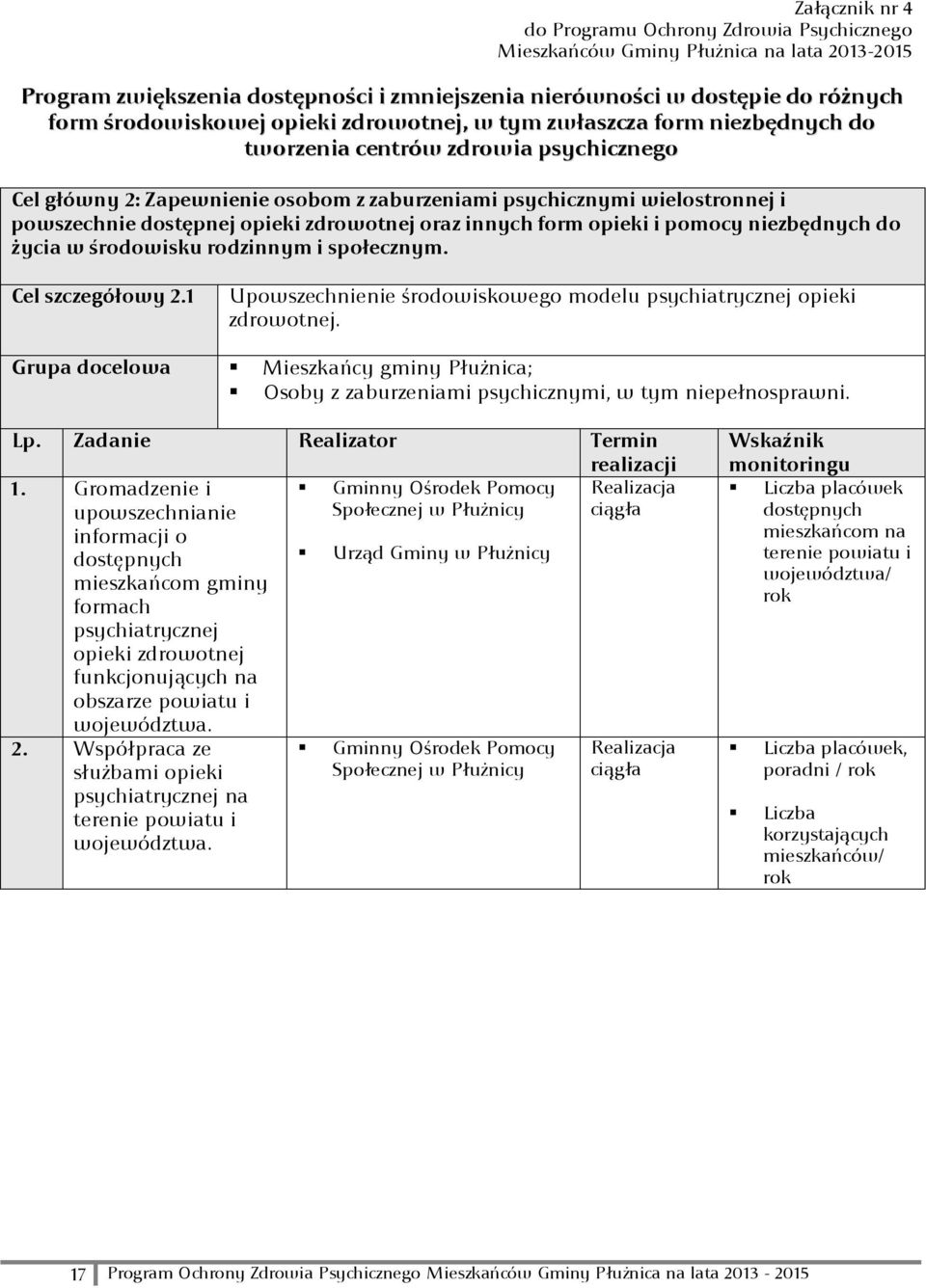 dostępnej opieki zdrowotnej oraz innych form opieki i pomocy niezbędnych do życia w środowisku rodzinnym i społecznym. Cel szczegółowy 2.