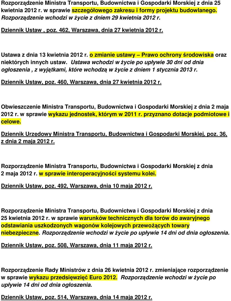 o zmianie ustawy Prawo ochrony środowiska oraz niektórych innych ustaw. Ustawa wchodzi w Ŝycie po upływie 30 dni od dnia ogłoszenia, z wyjątkami, które wchodzą w Ŝycie z dniem 1 stycznia 2013 r.