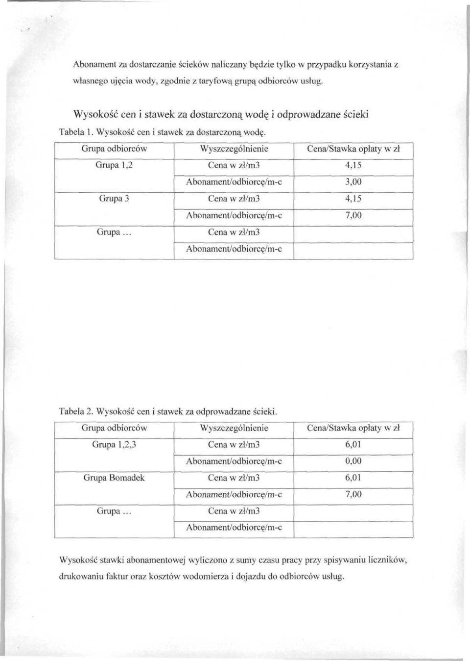 .. Cena w zł/m bonament/odbiorcę/m-c Cena w zł/m bonament/odbiorcę/m-c Cena w zł/m bonament/odbiorcę/m-c Cena/Stawka opłaty w zł 4,5,00 4,5 7,00 Tabela. Wysokość cen i stawek za odprowadzane ścieki.