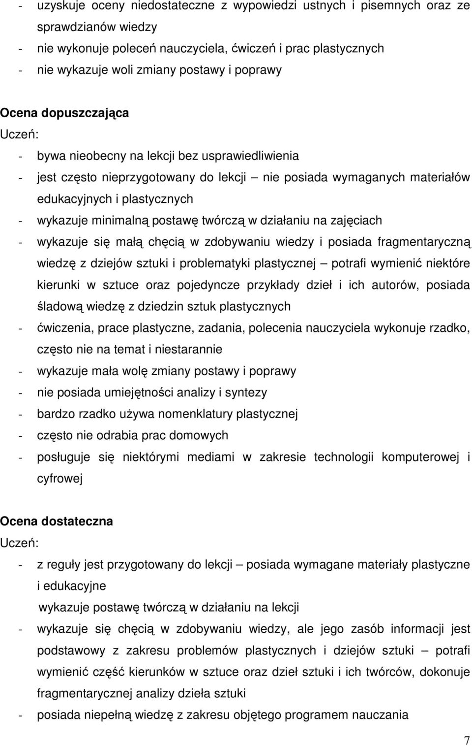 postawę twórczą w działaniu na zajęciach - wykazuje się małą chęcią w zdobywaniu wiedzy i posiada fragmentaryczną wiedzę z dziejów sztuki i problematyki plastycznej potrafi wymienić niektóre kierunki