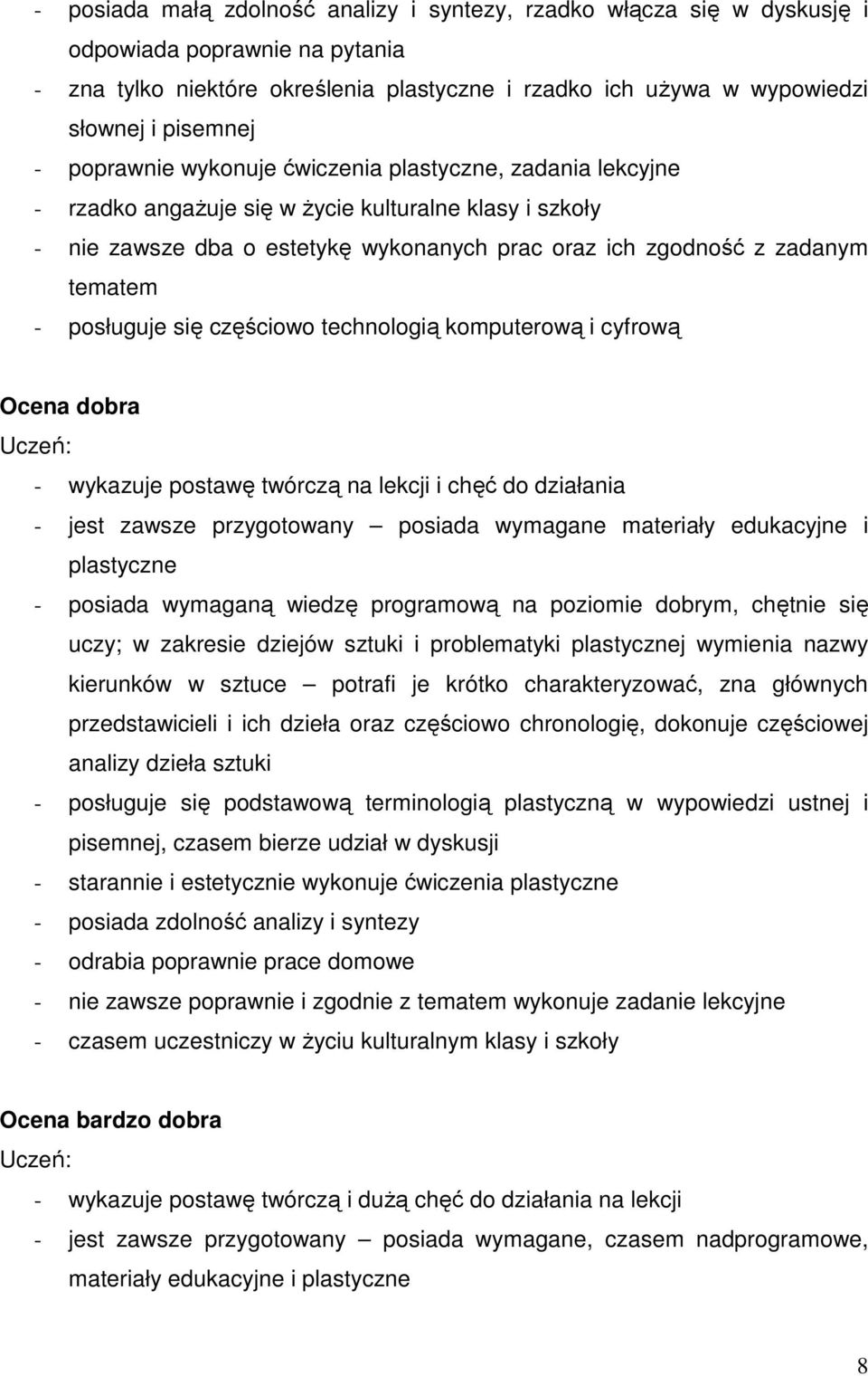 posługuje się częściowo technologią komputerową i cyfrową Ocena dobra - wykazuje postawę twórczą na lekcji i chęć do działania - jest zawsze przygotowany posiada wymagane materiały edukacyjne i