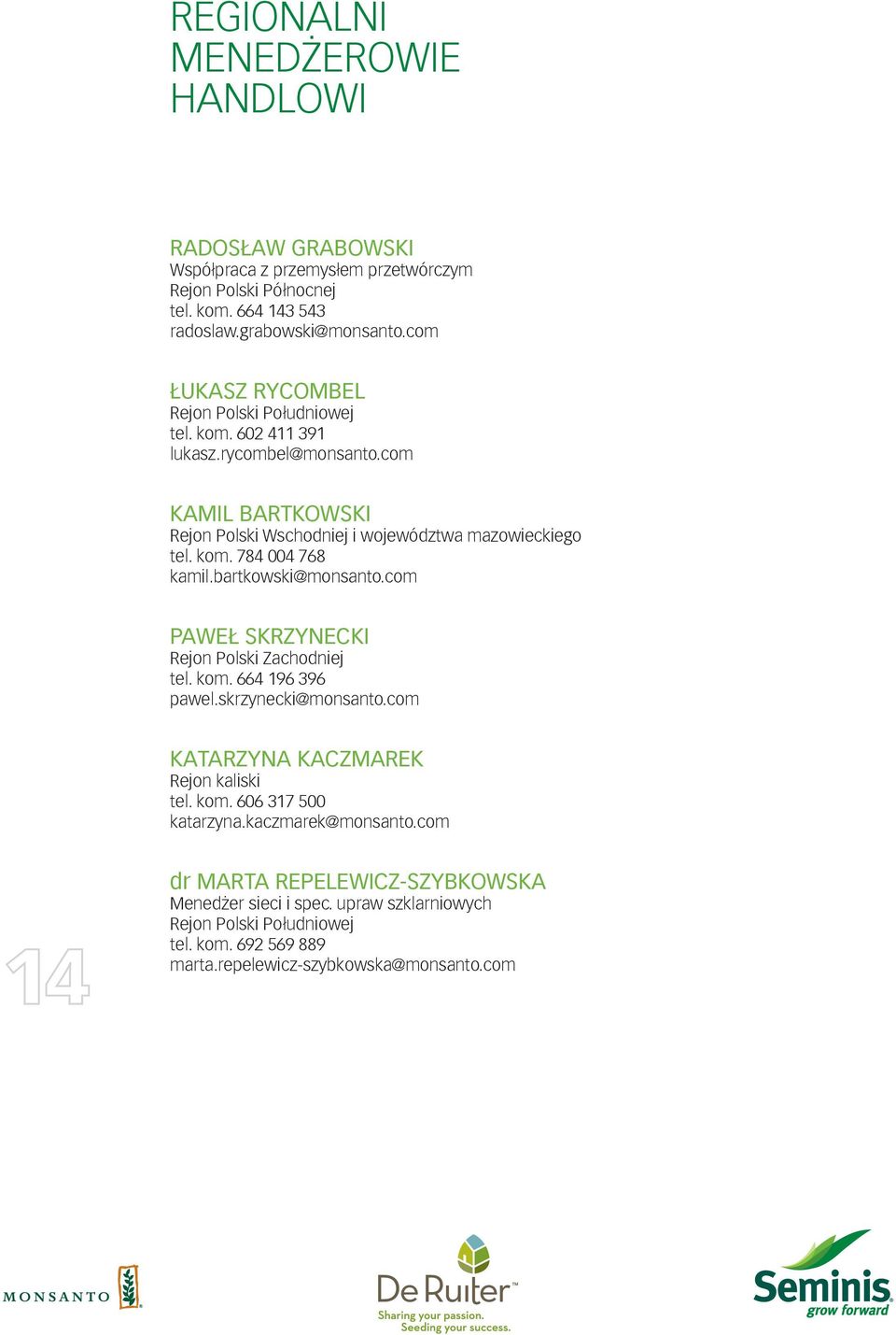 bartkowski@monsanto.com PAWEŁ SKRZYNECKI Rejon Polski Zachodniej tel. kom. 664 196 396 pawel.skrzynecki@monsanto.com KATARZYNA KACZMAREK Rejon kaliski tel. kom. 606 317 500 katarzyna.