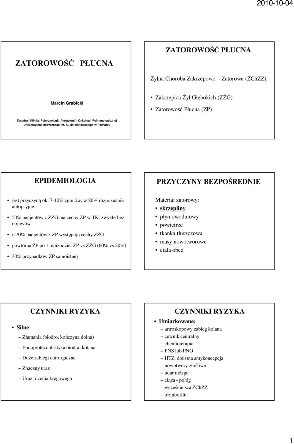 7-10% zgonów, w 80% rozpoznanie autopsyjne 50% pacjentów z ZśG ma cechy ZP w, zwykle bez objawów u 70% pacjentów z ZP występują cechy ZśG powtórna ZP po 1.