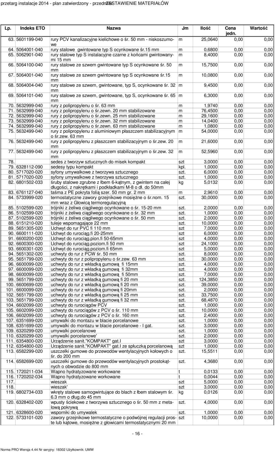 000-00 rury stalowe ze szwe gwintowane typ S ocynkowane śr. 0,00 0,00 0,00. 000-00 rury stalowe ze szwe gwintowane typ S ocynkowane śr. 0,0800 0,00 0,00 8.