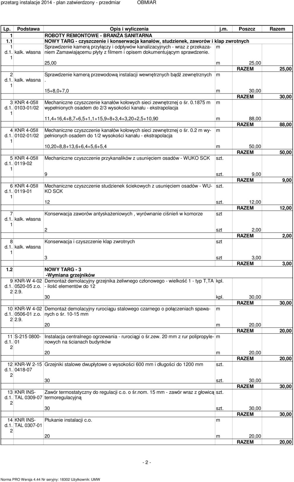 kanalizacyjnych - wraz z przekazanie Zaawiająceu płyty z file i opise dokuentujący sprawdzenie.,00,00 Sprawdzenie kaerą przewodową instalacji wewnętrznych bądź zewnętrznych.