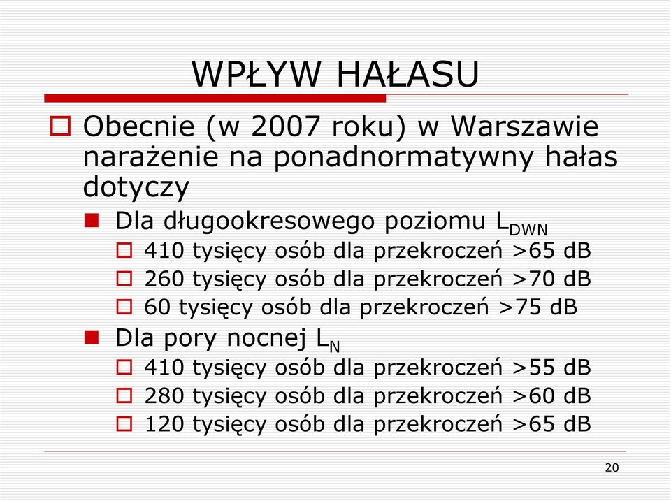 przekroczeń >70 db 60 tysięcy osób dla przekroczeń >75 db Dla pory nocnej L N 410 tysięcy osób