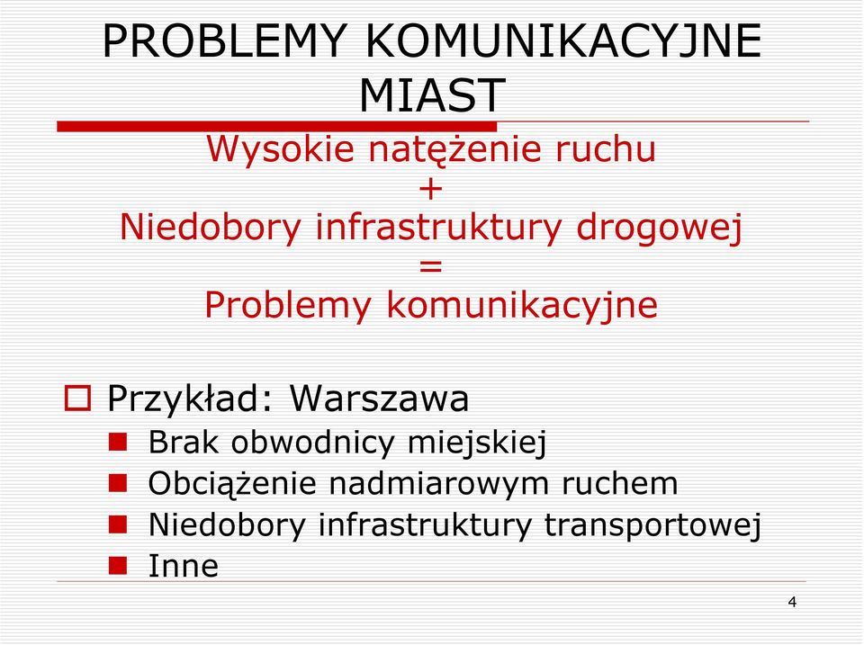Przykład: Warszawa Brak obwodnicy miejskiej Obciążenie