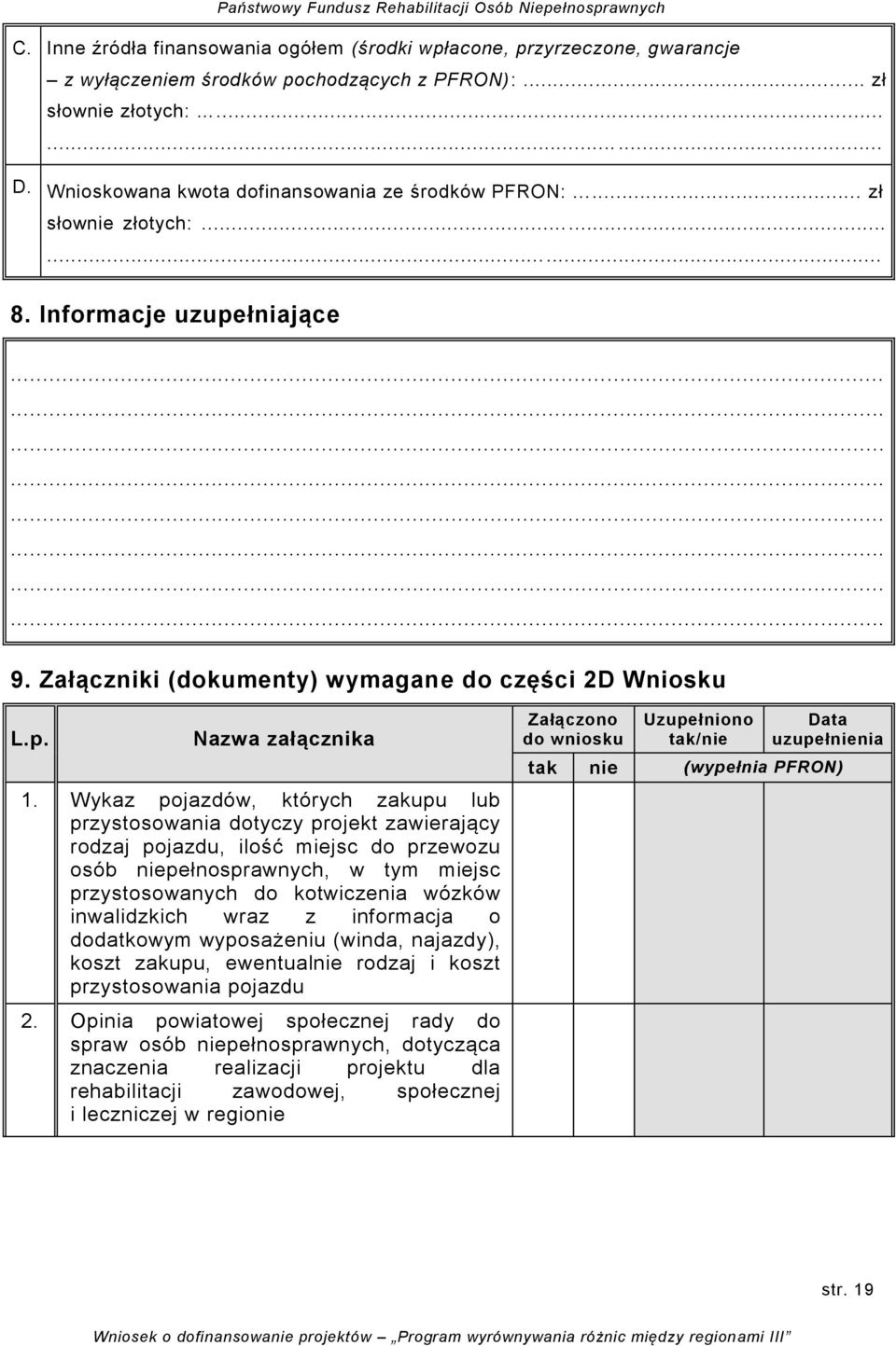Wykaz pojazdów, których zakupu lub przystosowania dotyczy projekt zawierający rodzaj pojazdu, ilość miejsc do przewozu osób niepełnosprawnych, w tym miejsc przystosowanych do kotwiczenia wózków