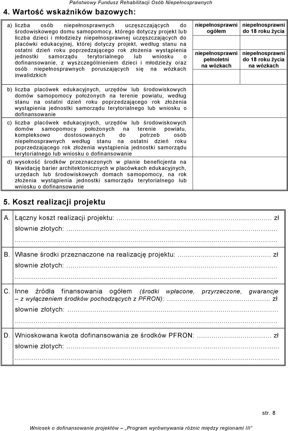 dofinansowanie, z wyszczególnieniem dzieci i młodzieży oraz osób niepełnosprawnych poruszających się na wózkach inwalidzkich niepełnosprawni ogółem niepełnosprawni pełnoletni na wózkach