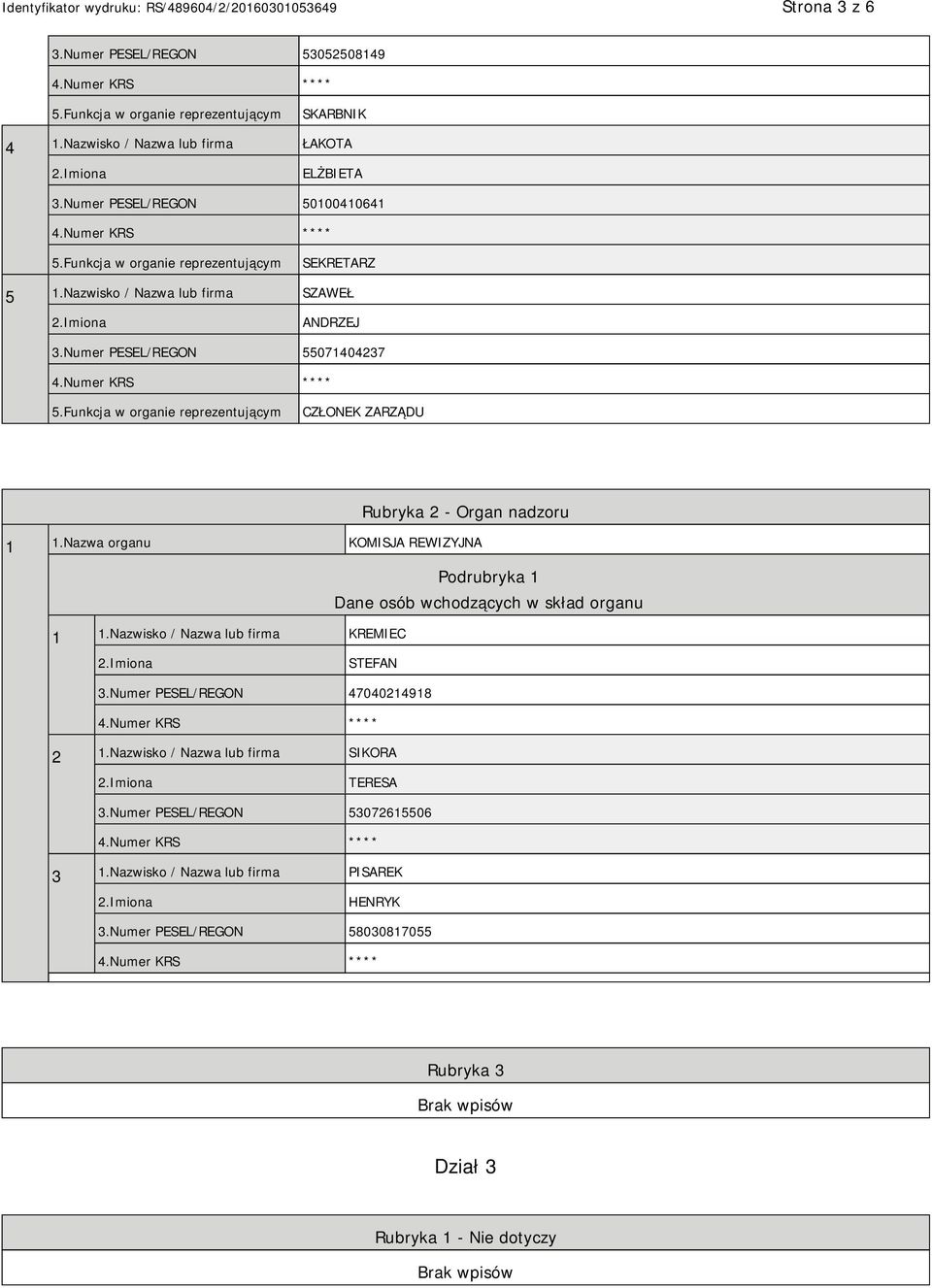 Nazwa organu KOMISJA REWIZYJNA Podrubryka 1 Dane osób wchodzących w skład organu 1 1.Nazwisko / Nazwa lub firma KREMIEC STEFAN 3.