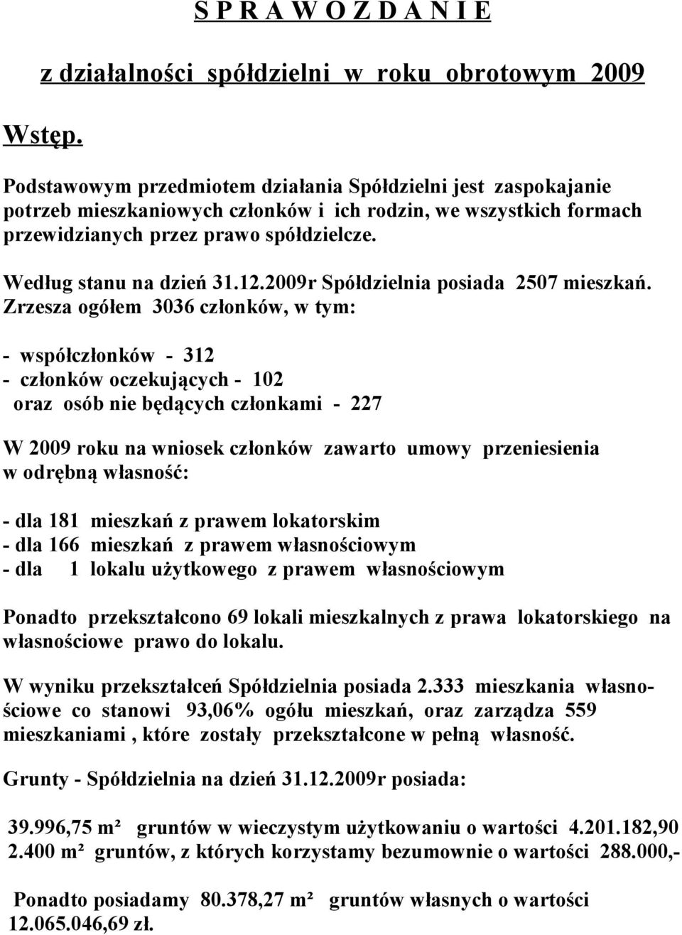 12.2009r Spółdzielnia posiada 2507 mieszkań.